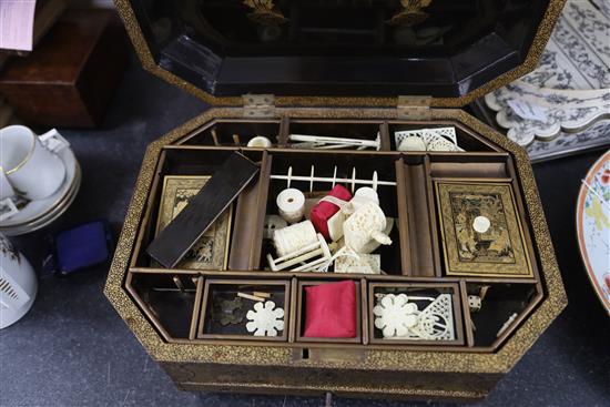 A 19th century Chinese export black lacquer work box, largest width 38cm depth 31cm height 14cm